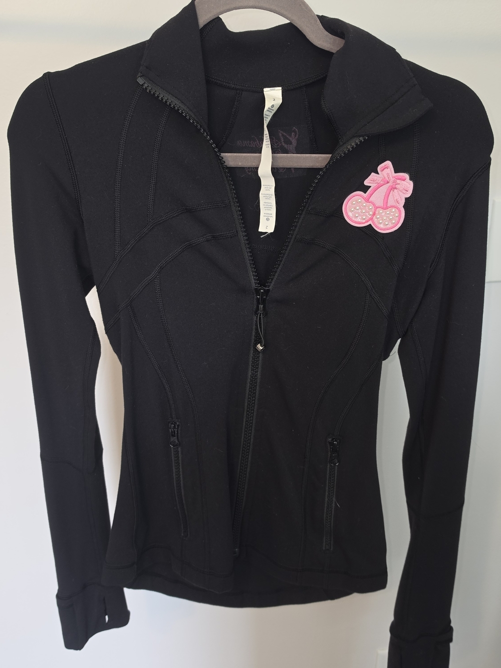 lululemon athletica Black Zip-Up Jacket with Pink Cherry Patch